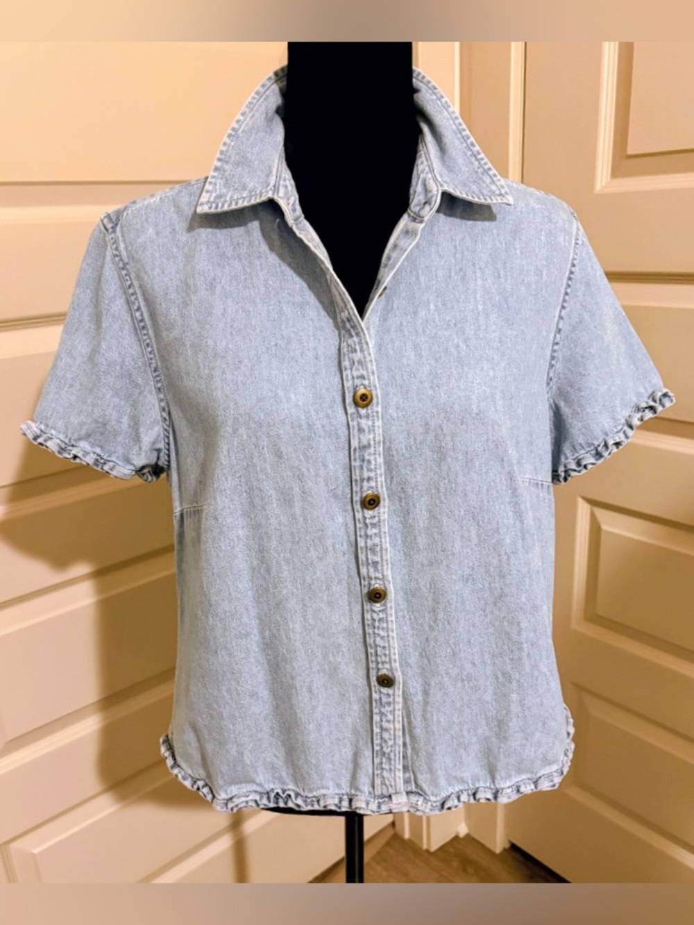 Christopher and Banks Denim Short-Sleeve Button-Up Ruffled Top